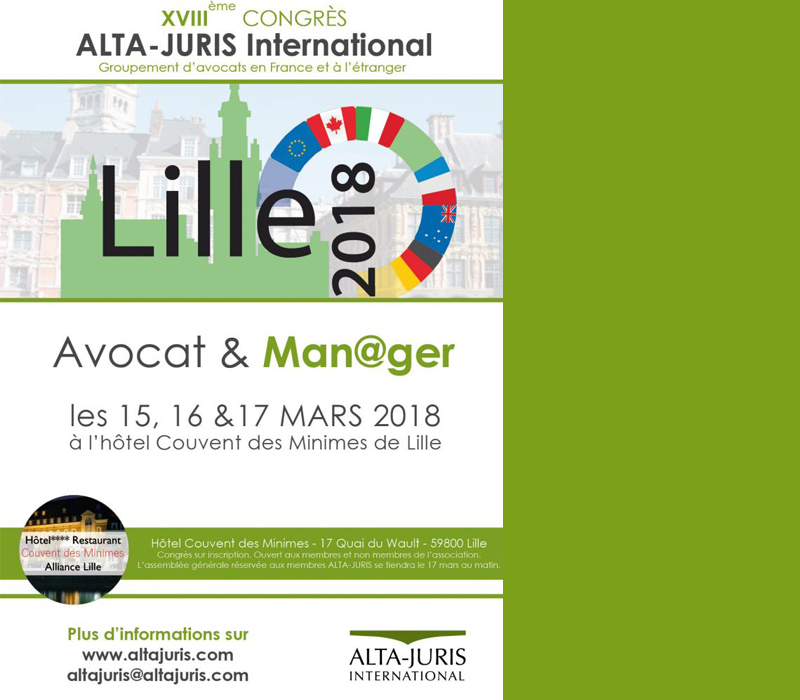 Rendez-vous au congrès ALTA-JURIS du 15 au 17 mars 2018 à Lille ! 